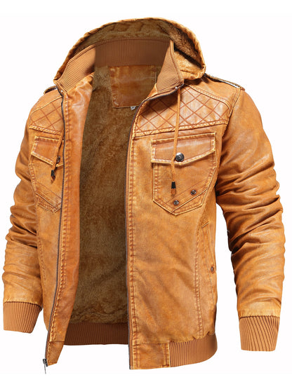 Men’S Leather Jacket and Coats Casual Stand Collar Vintage PU Faux Leather Zip-Up Motorcycle Bomber Jacket with Removable Hood Black S